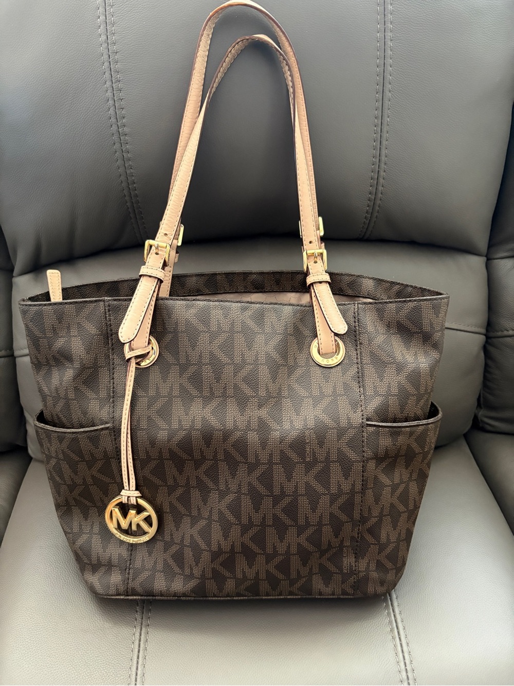 Michael Kors Brown Signature MK East West Jet Set Tote/Large with Gold Accents